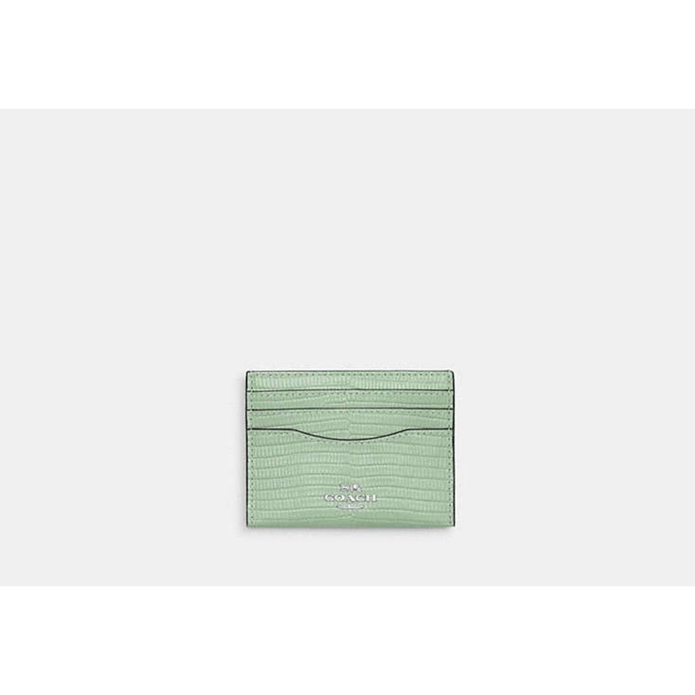 COACH CR844 Lizard-Embossed Leather Slim Id Card Case Silver/Pale Green NWT $128